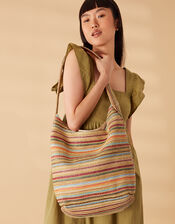 Stripe Raffia Slouch Bag, , large