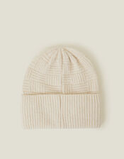 Knitted Rib Check Beanie Hat, Natural (NATURAL), large