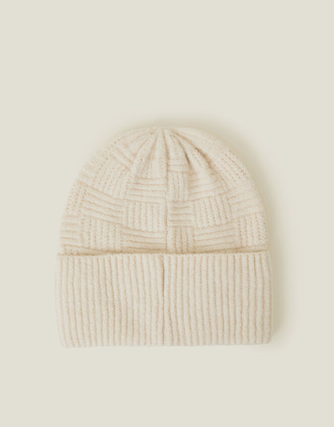 Knitted Rib Check Beanie Hat, Natural (NATURAL), large