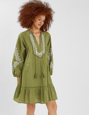 Embroidered Long Sleeve Mini Dress, Green (KHAKI), large