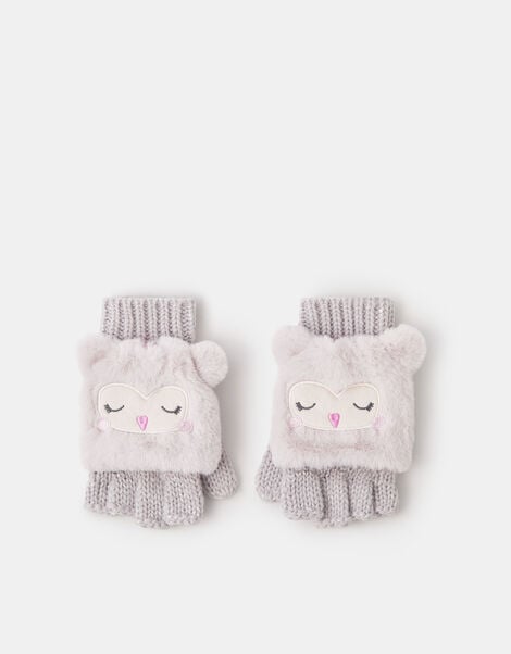 Girls Fluffy Owl Fingerless Gloves with Mittens, Natural (NATURAL), large