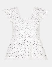 Frill Polka Dot Smocked Top, Ivory (IVORY), large