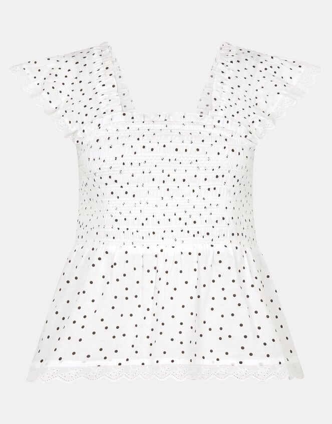 Frill Polka Dot Smocked Top, Ivory (IVORY), large