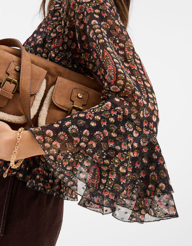 Floral Paisley Print Ruffle Blouse, Black (BLACK), large