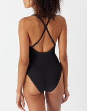 Crinkle Cross Strap Swimsuit, Black (BLACK), large