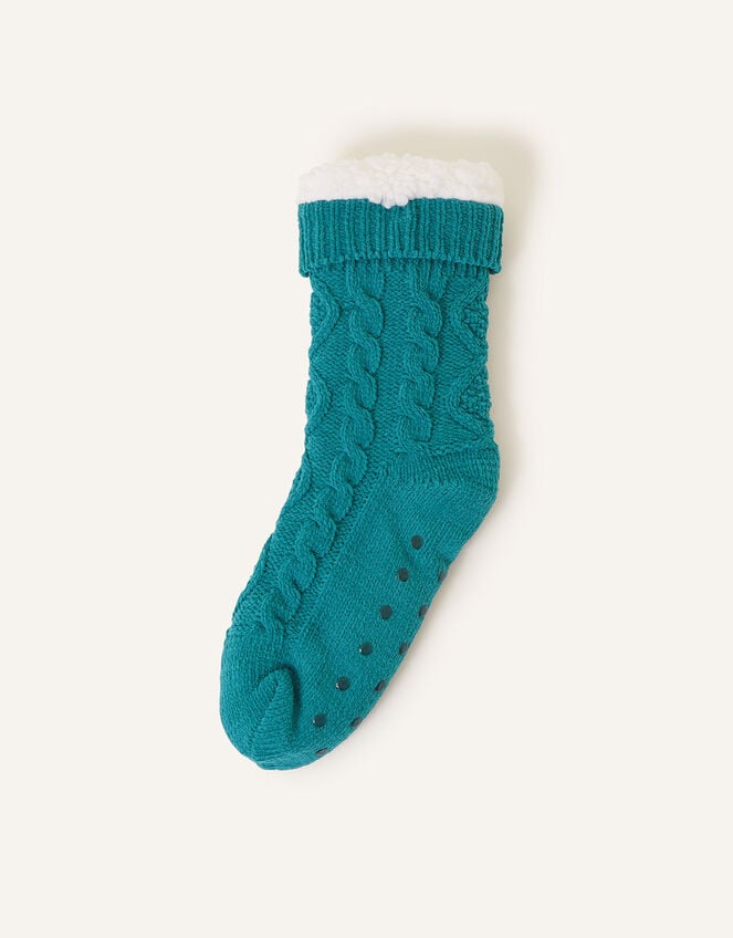 Cable Slipper Socks, Teal (TEAL), large
