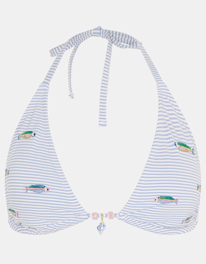 Fish Embroidered Triangle Bikini Top, Blue (BLUE), large