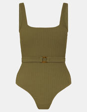 Texture Belted Swimsuit, Green (KHAKI), large
