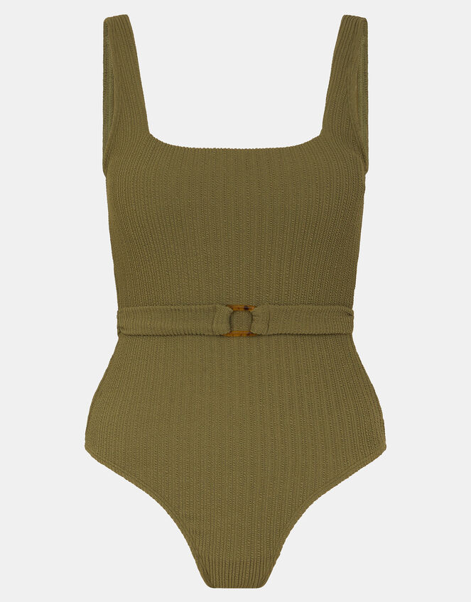 Texture Belted Swimsuit, Green (KHAKI), large