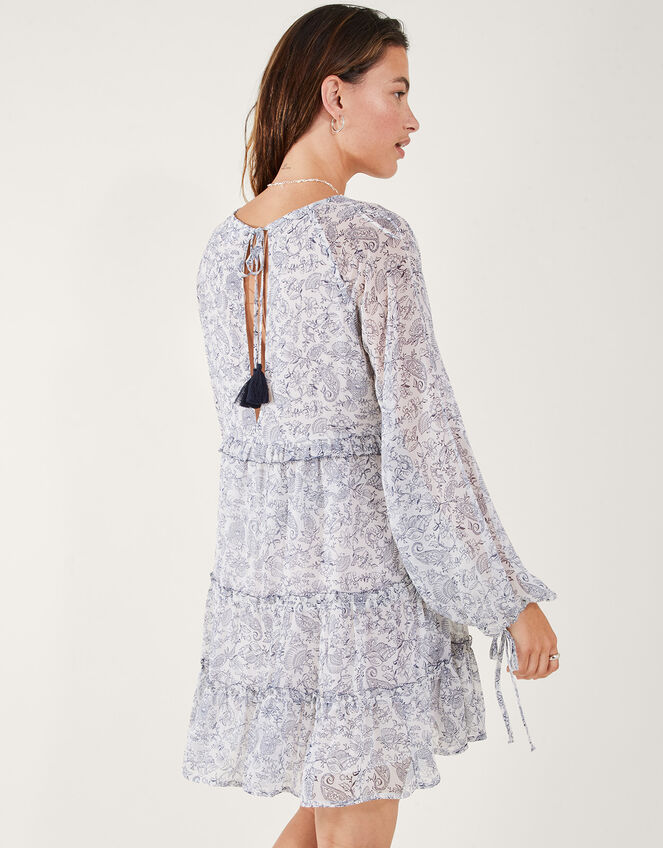 Long Sleeve Tiered Boho Dress, White (WHITE), large