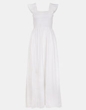 Sleeveless Smocked Broderie Sundress, White (WHITE), large