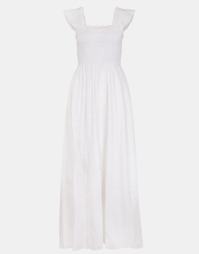 Sleeveless Smocked Broderie Sundress, White (WHITE), large