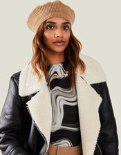 Ribbed Knit Beret, Camel (CAMEL), large