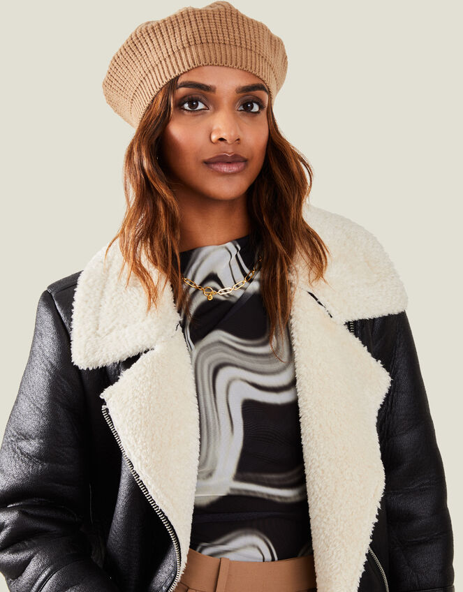 Ribbed Knit Beret, Camel (CAMEL), large