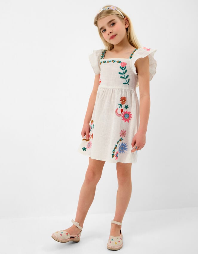 Girls Embroidered Cotton Dress, Multi (BRIGHTS MULTI), large