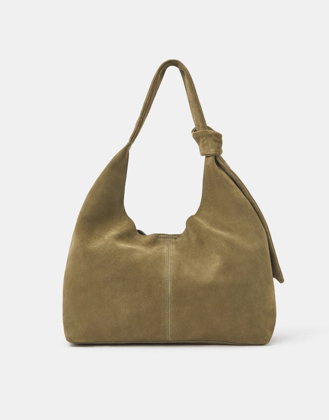 Slouchy Knot Leather Shoulder Bag, Green (KHAKI), large