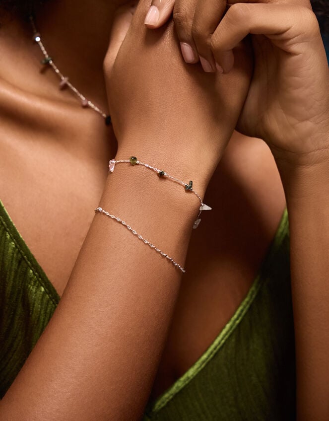 Sterling Silver-Plated Semi-Precious Stone Layered Bracelet, , large