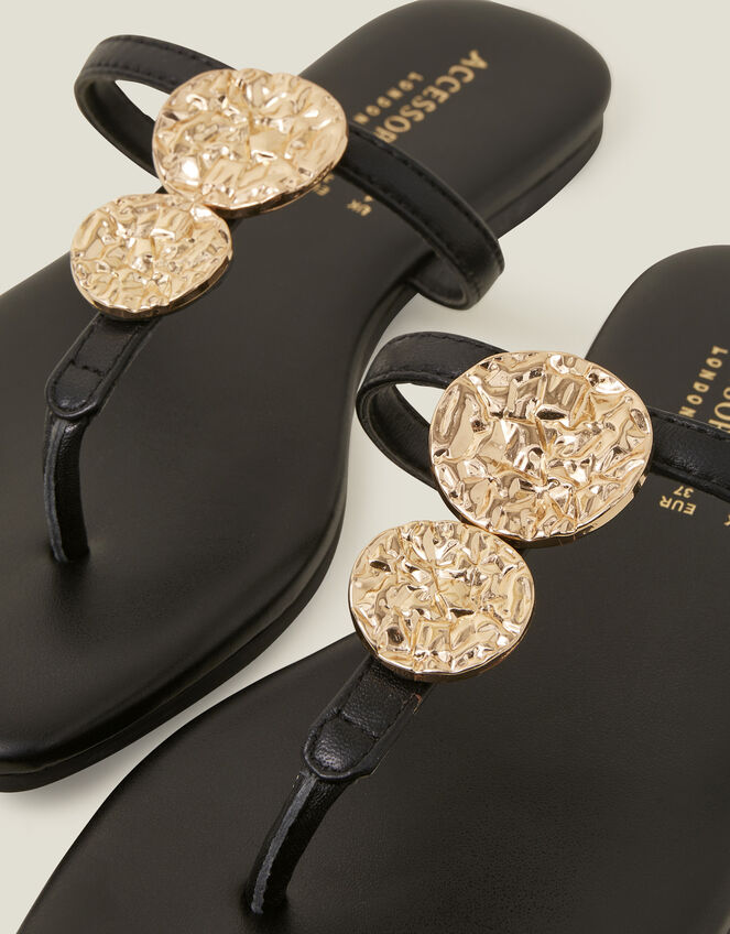 Hammered Metal Leather Sandals, Black (BLACK), large