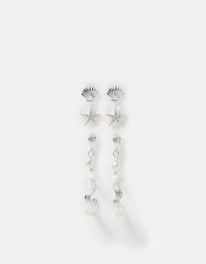 4-Pack Sterling Silver-Plated Shell Stud & Hoop Earrings, , large