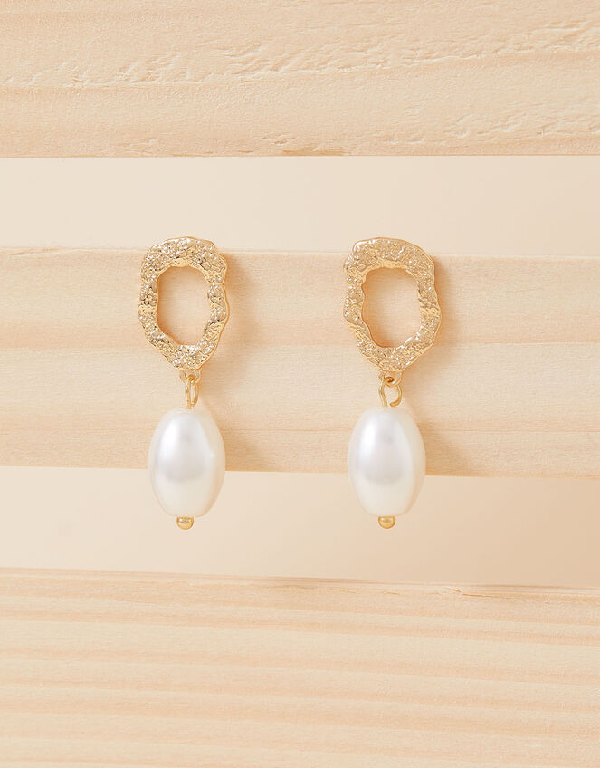 Textured Circle Pearl Drop Earrings, , large