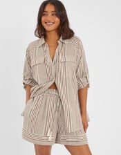 Stripe Beach Cover Up Shirt, Brown (BROWN), large