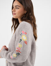 Floral Embroidered Sleeve Cardigan, Grey (GREY), large