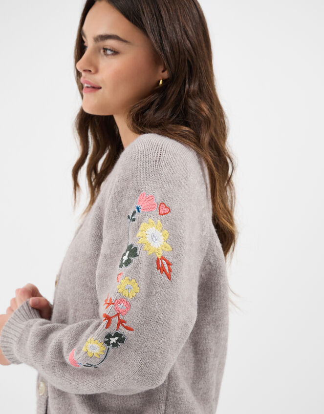 Floral Embroidered Sleeve Cardigan, Grey (GREY), large