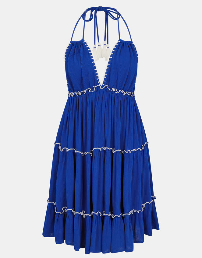 Contrast Stitch Halter Mini Dress, Blue (BLUE), large