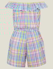 Girls Floral Embroidered Check Bardot Playsuit, Multi (BRIGHTS MULTI), large