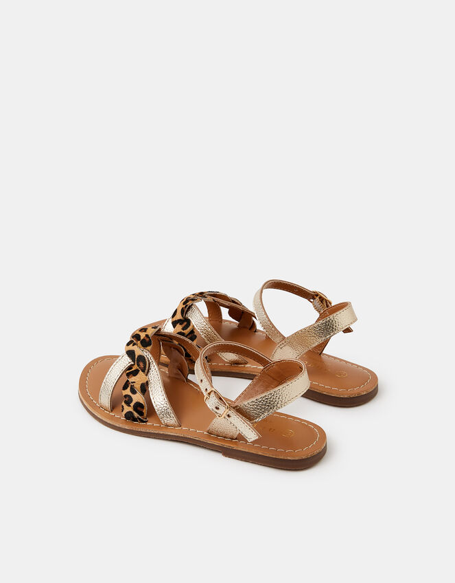 Girls Leopard Print Metallic Leather Sandals, Gold (GOLD), large