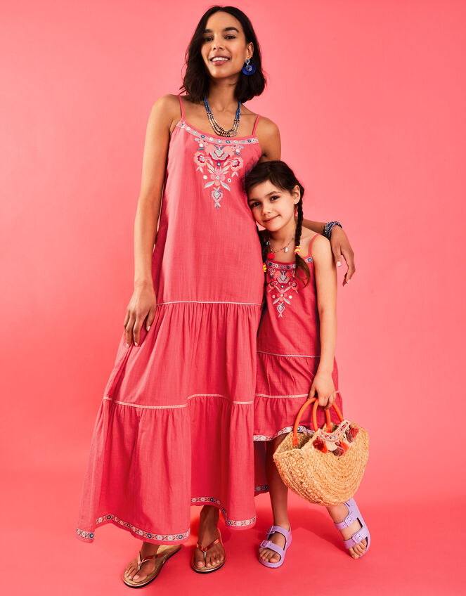 Girls Floral Embroidered Sundress, Orange (CORAL), large