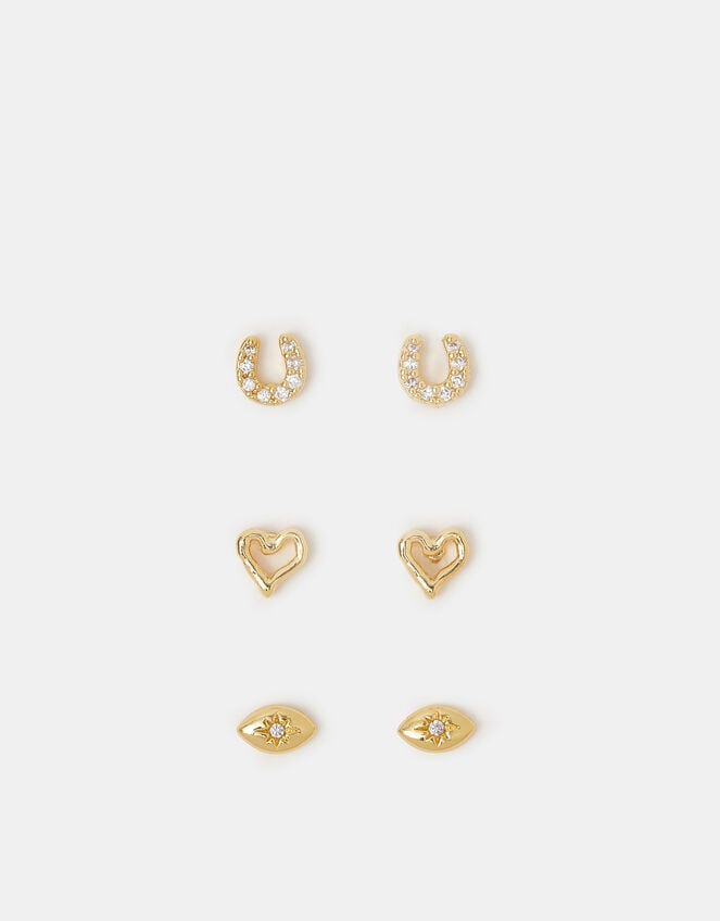 3-Pack 14ct Gold-Plated I Love U Stud Earrings, , large
