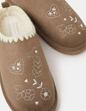 Heart Embroidered Mule Slippers, Brown (BROWN), large