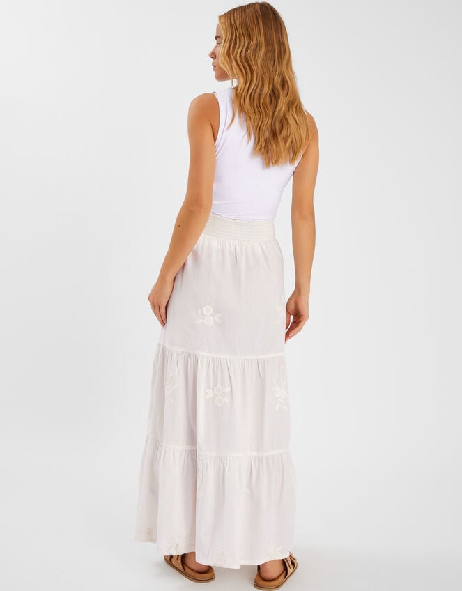 Floral Embroidered Tiered Maxi Skirt, White (WHITE), large