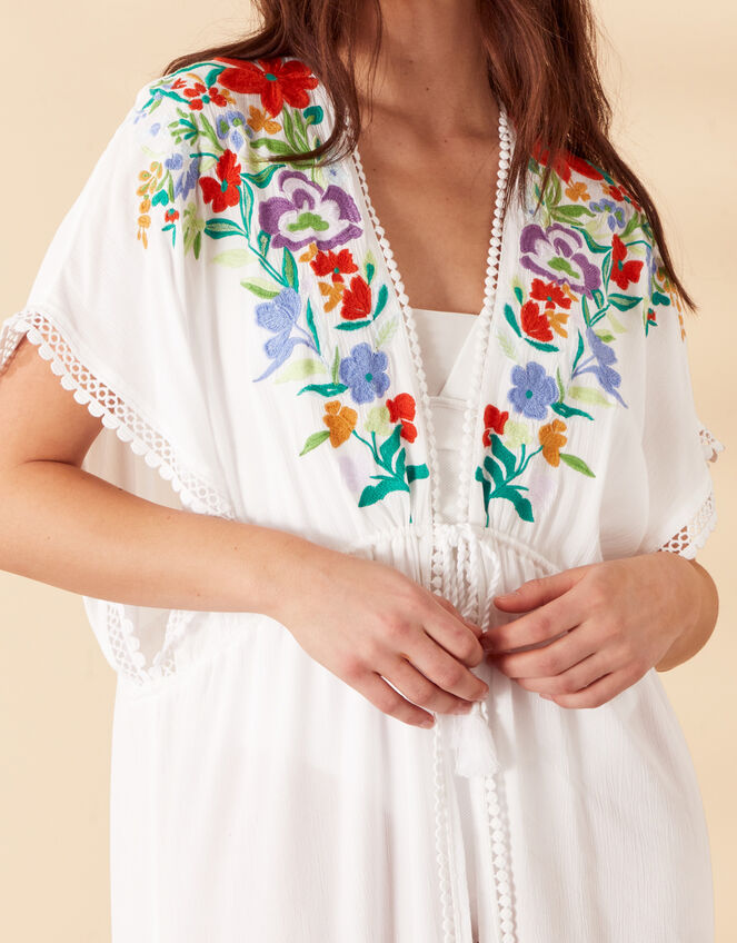 Abstract Floral Embroidered Kimono in LENZING™ ECOVERO™ , White (WHITE), large