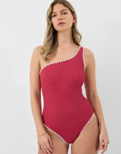 One Shoulder Seersucker Swimsuit, Pink (ROSE), large