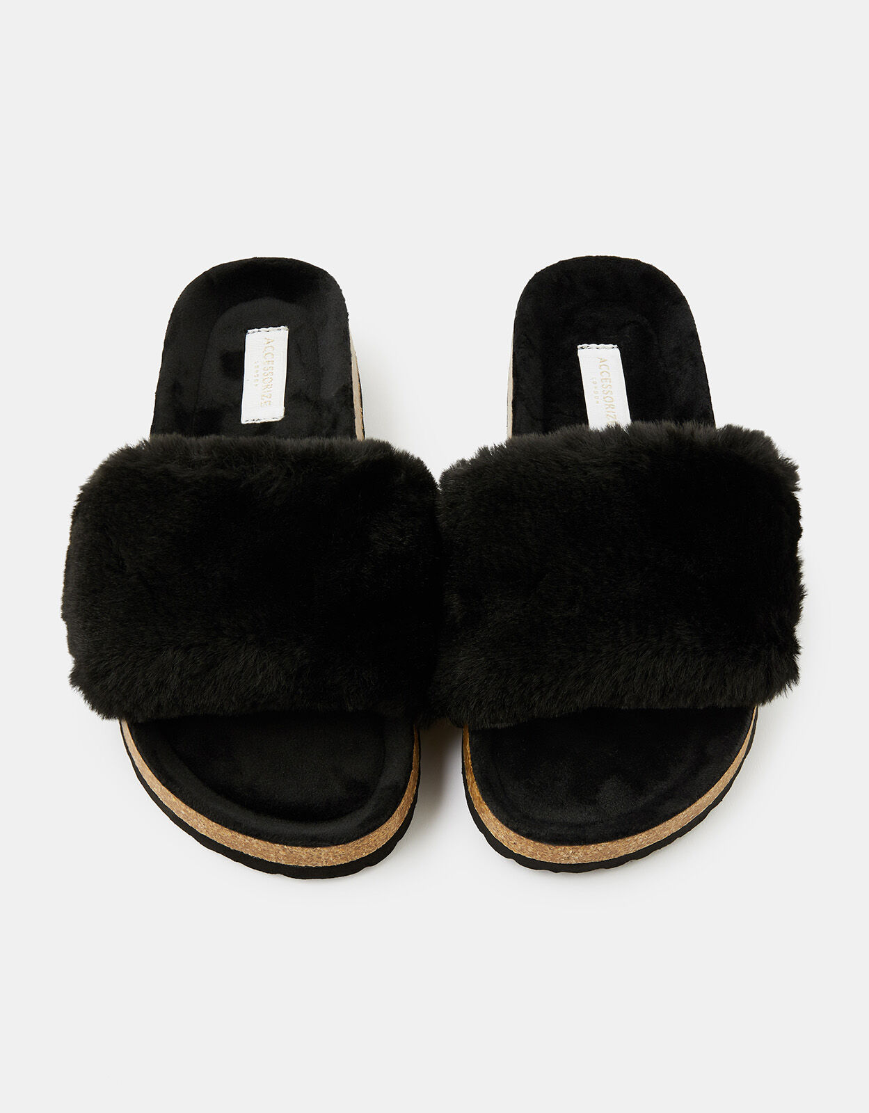 black fluffy sliders with strap