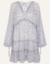 Long Sleeve Tiered Boho Dress, White (WHITE), large