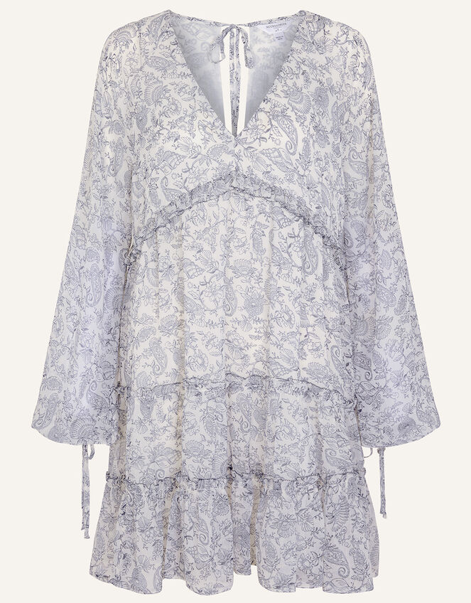 Long Sleeve Tiered Boho Dress, White (WHITE), large