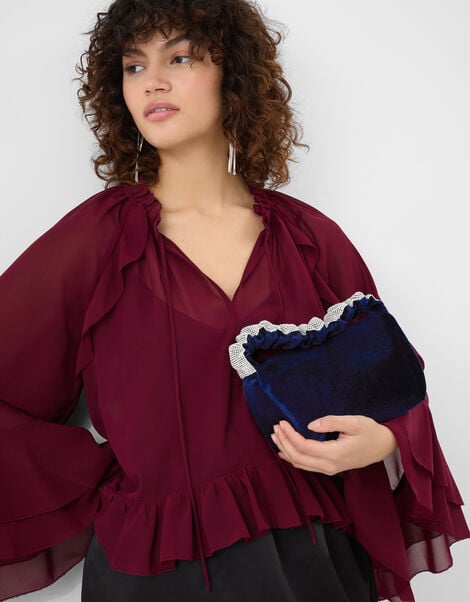 Diamanté Ruched Strap Velvet Handbag, , large