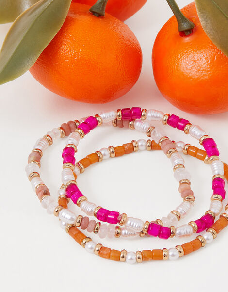 Stone and Pearly Bead Stretch Bracelets Set of Three, , large
