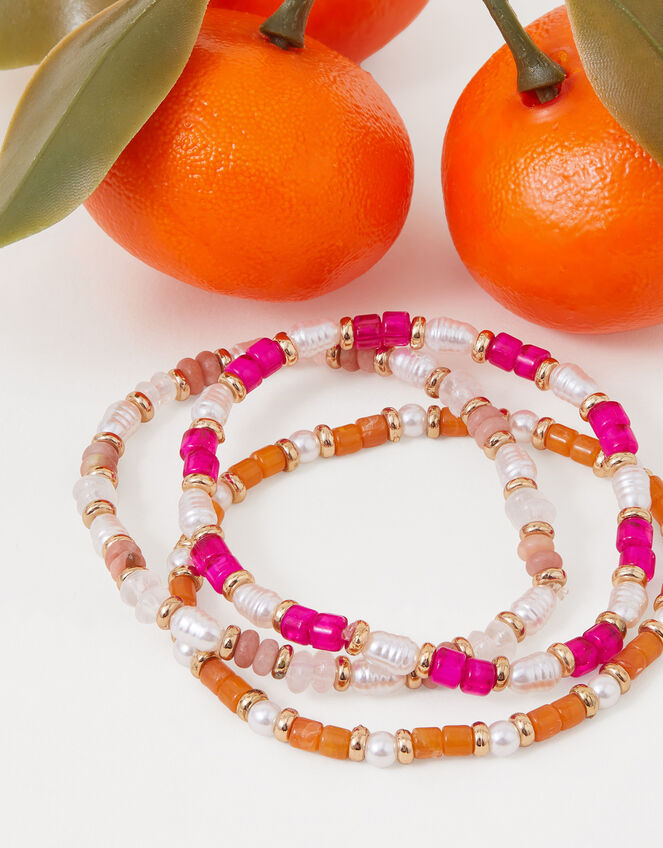 Stone and Pearly Bead Stretch Bracelets Set of Three, , large