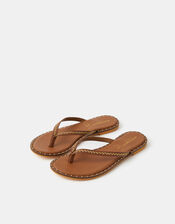 Stitched Studded Leather Flip Flops, Tan (TAN), large