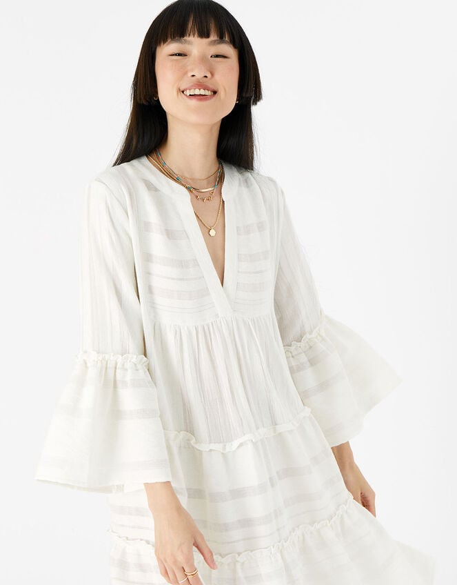 Jacquard Flute Sleeve Dress , White (WHITE), large