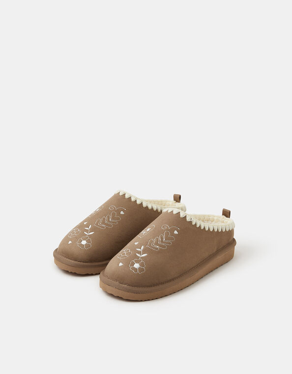 Heart Embroidered Mule Slippers, Brown (BROWN), large