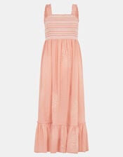 Floral Embroidered Smocked Midi Dress, Pink (PINK), large