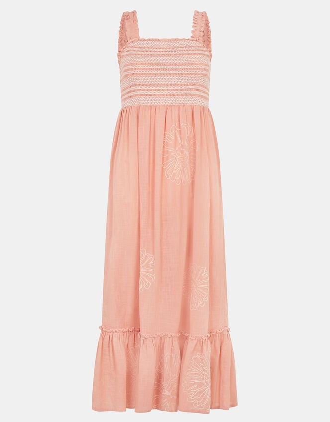 Floral Embroidered Smocked Midi Dress, Pink (PINK), large