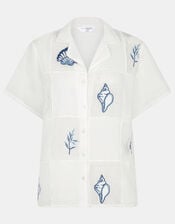 Shell Embroidered Patchwork Shirt, Ivory (IVORY), large
