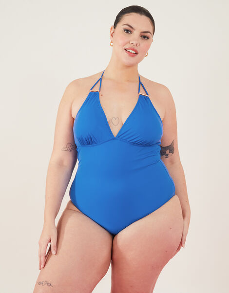 Ring Detail High Neck Shaping Swimsuit, Blue (BLUE), large