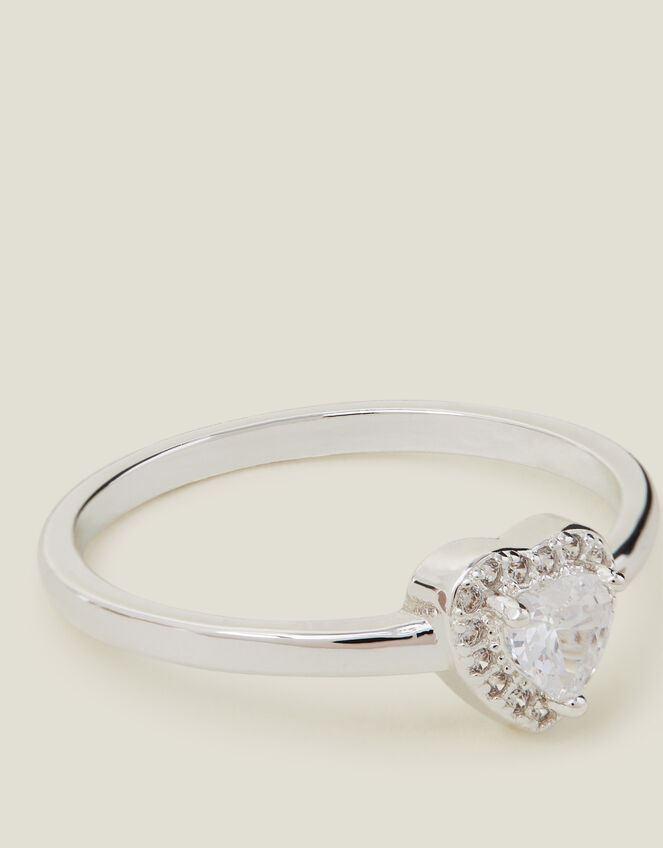 Sterling Silver-Plated Diamante Heart Adjustable Ring, , large